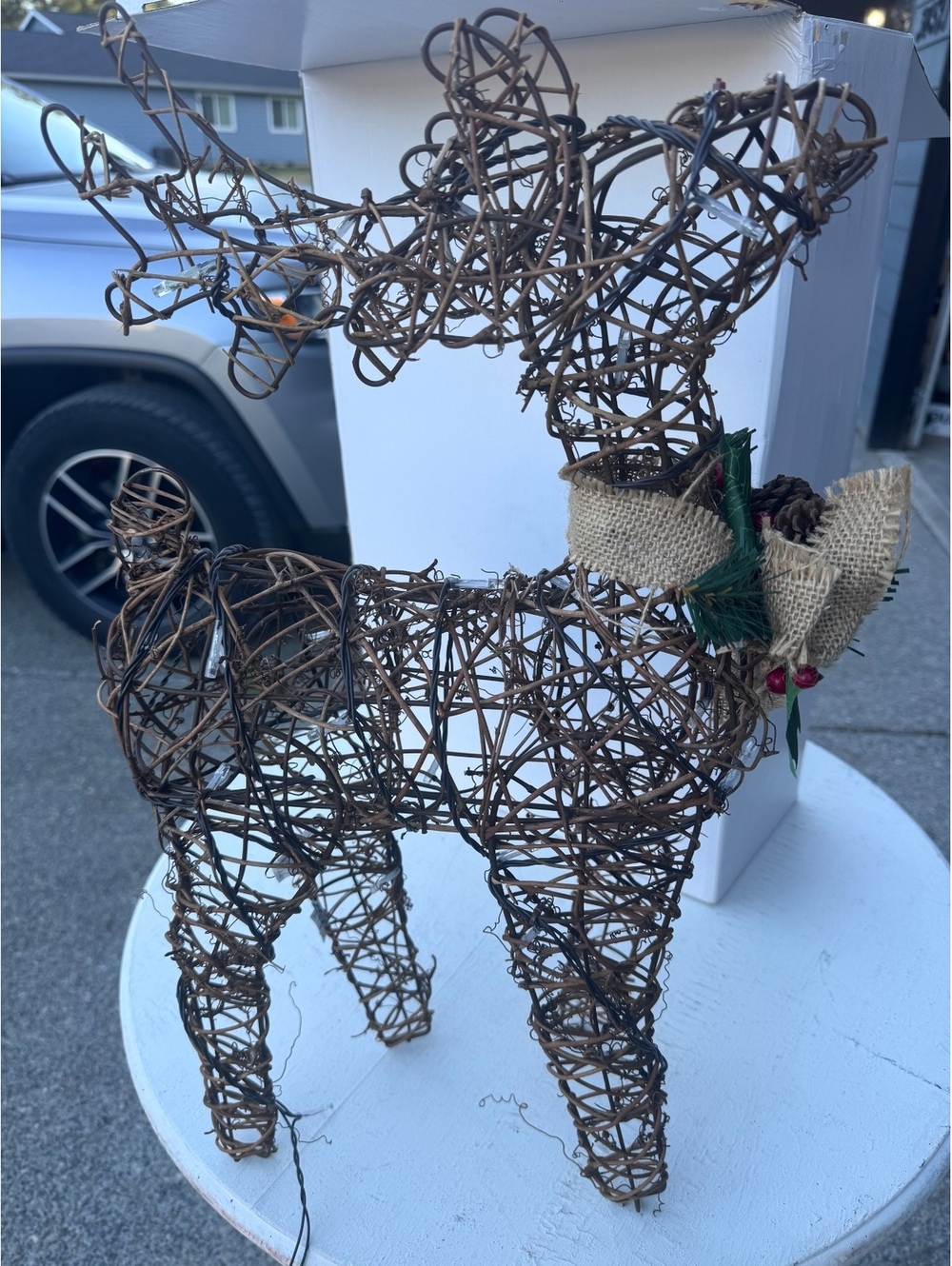24” Lighted Grapevine Reindeer Christmas Decor Rustic Burlap Bow Tested Works